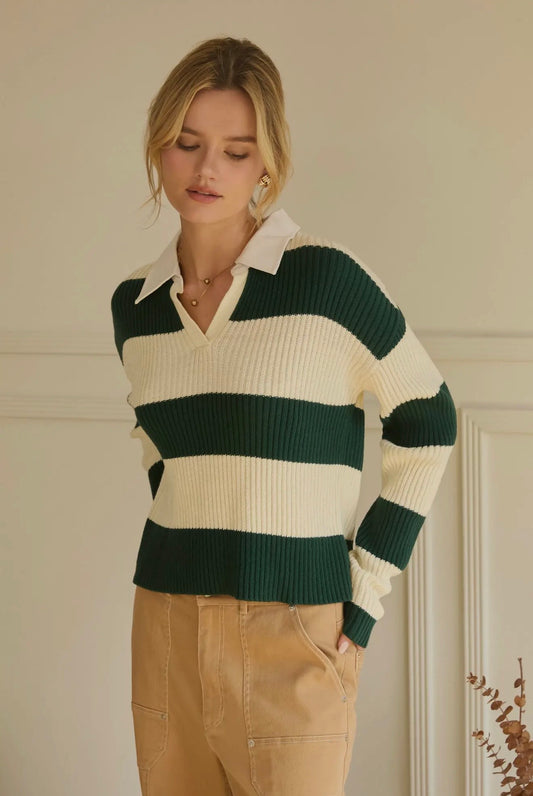 Striped Ribbed Knit Polo Shirt