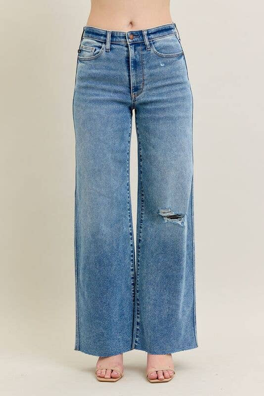 Vintage Wash High Waisted Wide Leg w/ Distressed Knee
